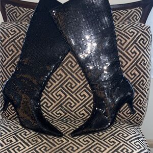 Black Sequin Knee-High Boots